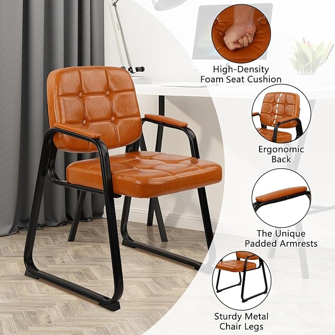 CLATINA Waiting Room Chairs with Padded Arms Leather Guest Chair no Wheels for Office Reception and Conference Desk with Sled Base Orange