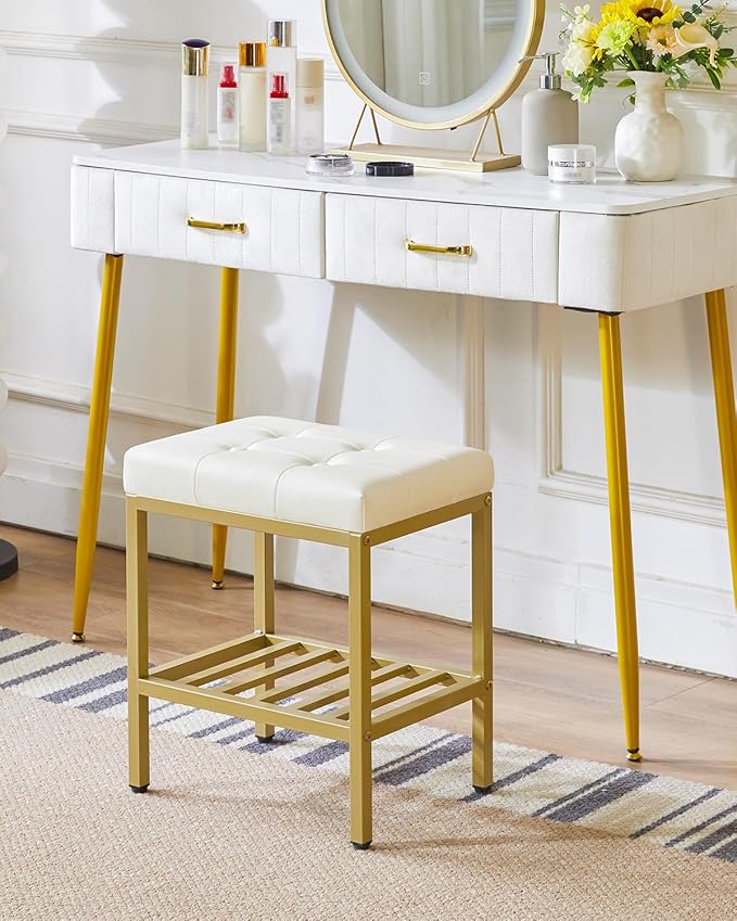 IBUYKE Rectangular Makeup Stool with Adjustable Feet and Storage Space, Footrest Chair, PU Vanity Seat, Multi-Use as Small Side Table or Ottoman, for Bedroom, White WBD017W
