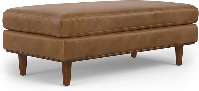 SIMPLIHOME Morrison 49 inch Wide Large Rectangular Ottoman in Caramel Brown Genuine Leather, Multifunctional Footrest, Coffee Table, and Extra Seating for Living Room, Mid-Century Modern Style