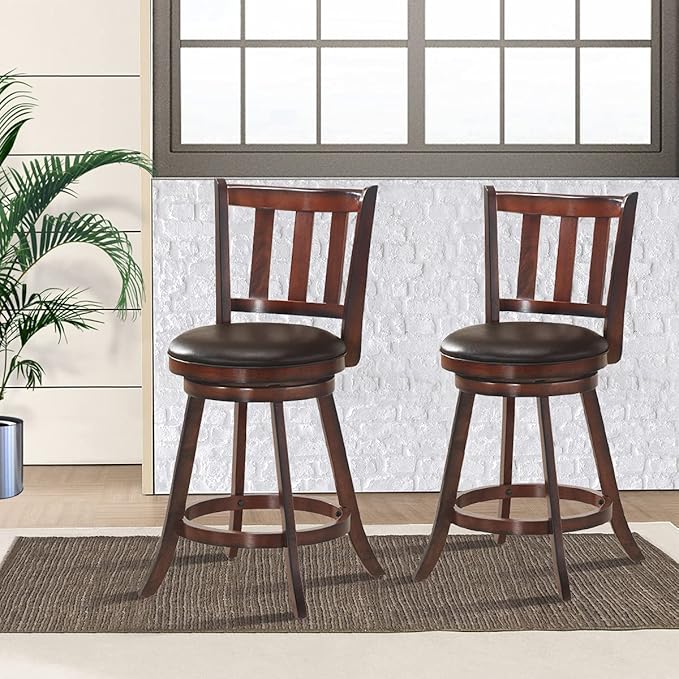 COSTWAY Bar Stools Set of 2, Counter Height Dining Chair, Fabric Upholstered 360 Degree Swivel, PVC Cushioned Seat, Perfect for Dining and Living Room (Height 25''-Set of 2)