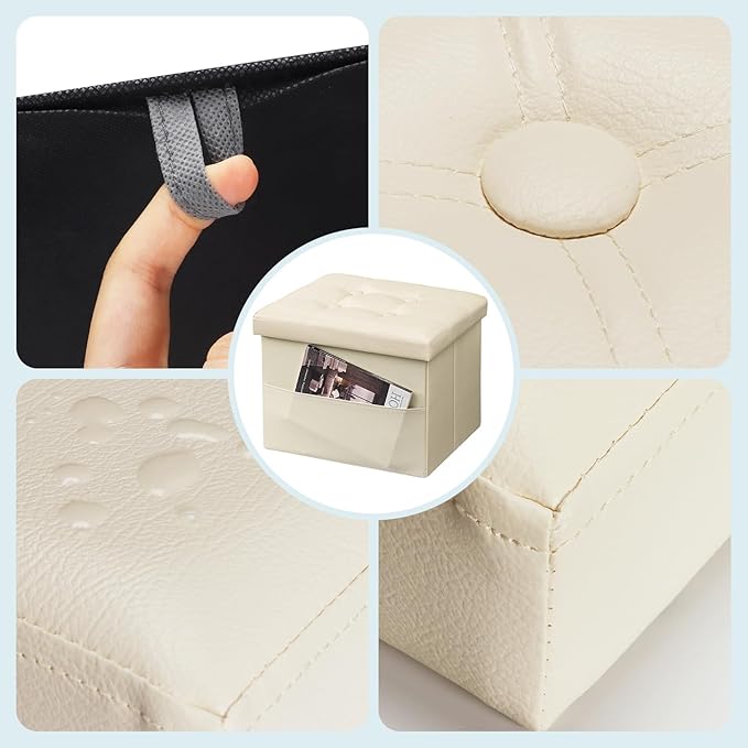 Storage Ottoman Foot Rest Stool, Small Leather Storage Ottomans Bench, Folding Footstool with Side Pockets, Foot Rest Under Desk for Living Room Bedroom, 16x12x12 in, Beige 2 Pack