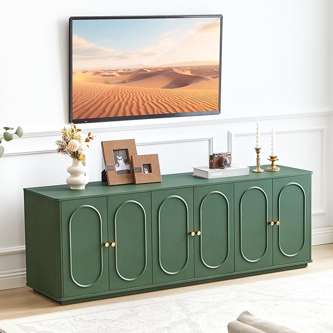 63'' Fluted Sideboard Buffet Cabinet with Storage and 6 Doors, Low Storage Cabinet Modern Wooden Accent Credenza Console Table for Kitchen Dining Living Room Entryway, (63"W*15.75"D*21.4"H) Green