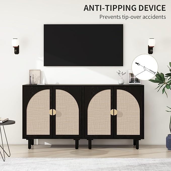 Black Rattan Cabinet-2-Doors,Sideboard Buffet Cabinet with Storage-Accent Storage Cabinet with Cane Door, Boho Wood Credenza for Living Room, Kitchen (Black Set 2)