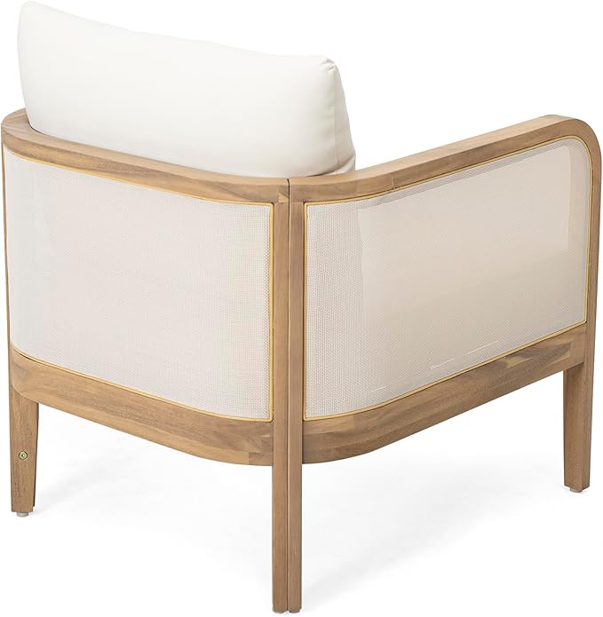 Christopher Knight Home Linksy Outdoor Club Chair, Patio Arm Chair, Modern Single Sofa Chair, Acacia Wood Frame, Club Chair with Cushions, Deep Seating for Porch, Garden, Backyard, Balcony, Beige