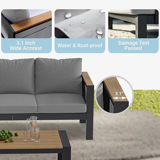 Corinth 2-Piece Aluminum Patio Conversation Set - Outdoor, Porch, Balcony, Yard, Gardern, All Weather,1 Ergonomic Design Love Sofa and 1 Coffee Table, Grey