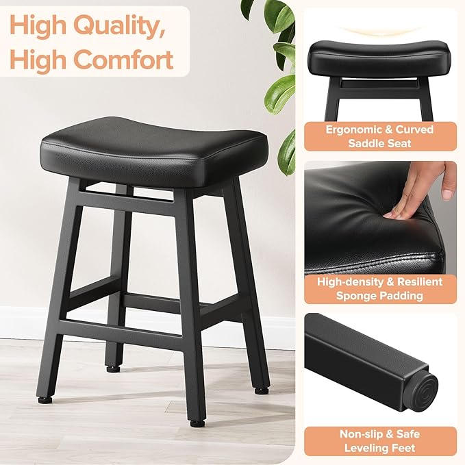 Counter Height Bar Stools Set of 2, 24 Inch Barstools for Kitchen Counter, Kitchen Stools with Bonded Leather Saddle Seats & Heavy Duty Metal Legs, Easy Assembly, All Black