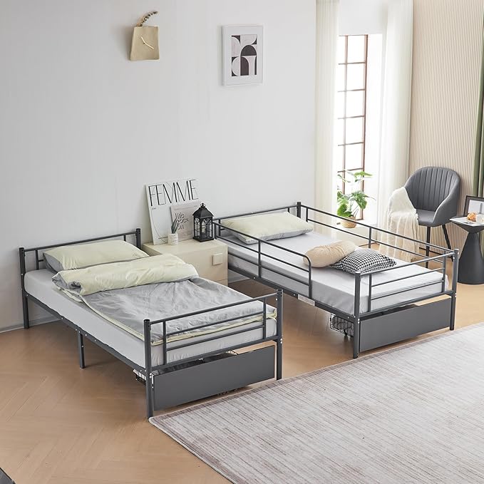 Karl home Grey Bunk Bed Twin Over Twin with 2 Storage Drawers, Metal Bunk Bed with Built-in Ladder and Safety Guardrail, Space-Saving Twin Bunk Beds for Kids, Teens & Adults, No Box Spring Needed