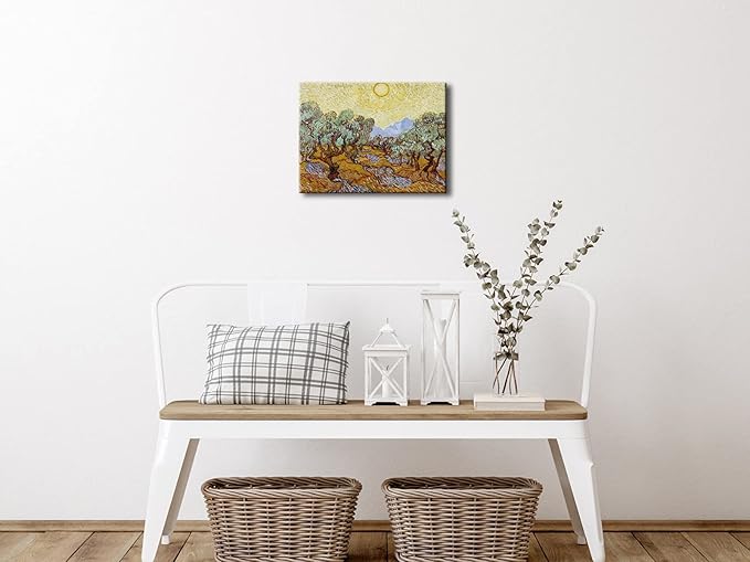 Wieco Art Olive Trees with Yellow Sky and Sun Canvas Print of Vincent Van Gogh Wall Art Paintings Reproduction Field Pictures Artwork for Wall Decor and Home Decorations VAN-0071-3040