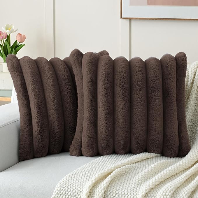 FUTEI Dark Coffee Decorative Throw Pillow Covers 22x22 Inch Set of 2, Square Soft Faux Rabbit Fur Big Striped Cushion Cover,Home Decor for Couch Sofa Bed Living Room