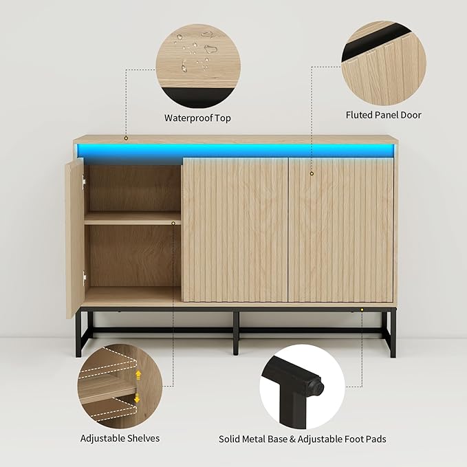 Fluted Sideboard Buffet Cabinet with Storage, 47" Wood Storage Cabinet with Doors and Adjustable Shelves LED Light, Modern Credenza for Kitchen, Dining room, Living room, Entryway(Oak, set of 2)