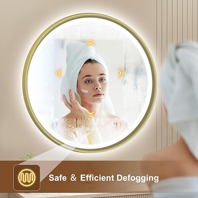 S'bagno 32" Round Gold LED Mirror for Bathroom With Frontlit & Backlit, Metal Frame, Anti-Fog, Stepless Dimmable, 3 Colors Temperature Vanity Mirror