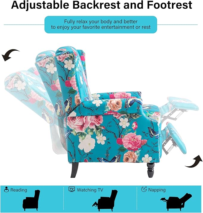 Recliner Chair, Upholstered Wingback Floral Pushback Armchair with Adjustable Backrest & Footrest, Comfy Accent Chair Reading Single Sofa for Small Spaces, Living Room, Bedroom (Peacock, Set of 2)