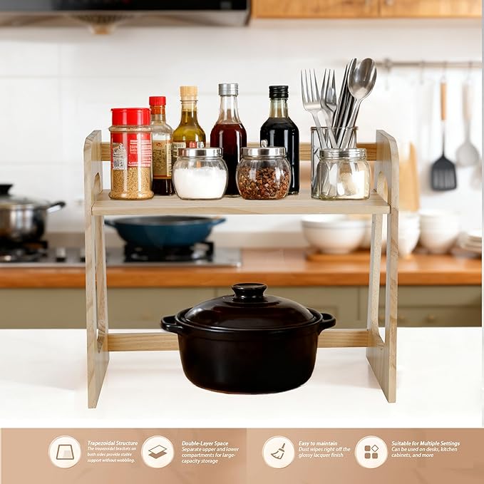Double-tier bookshelf, book storage rack, 17.5-inch multifunctional desktop solid wood bookshelf and countertop display stand. Ideal for kitchen organization, tidying books, teacups, and toys.