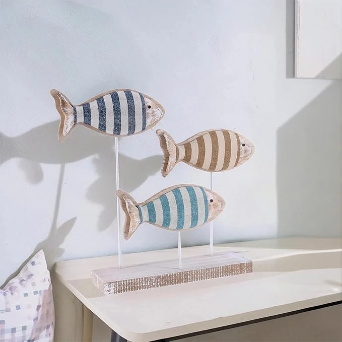 Wooden Fish Figurines with Jute Rope and Cotton String, Fish Sculpture Statues for Home Decoration, Table Top Nautical Decor for Living Room, Bedroom, Beachhouse Home Decor (StripedFish-3)