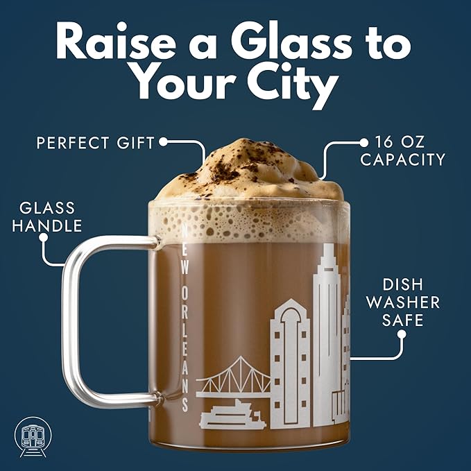 Greenline Goods – New Orleans, LA Skyline Glass Coffee Mugs (Set of 2), 15 oz – Etched Wrap Design