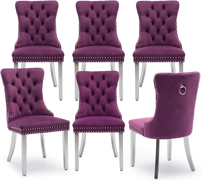 Velvet Upholstered Dining Chairs Set of 6, Modern Kitchen Side Chairs with Nailhead Trim and Silver Plated Leg, Metal Pulling Ring for Dining Room Living Room(Purple-Silver Plated Leg)