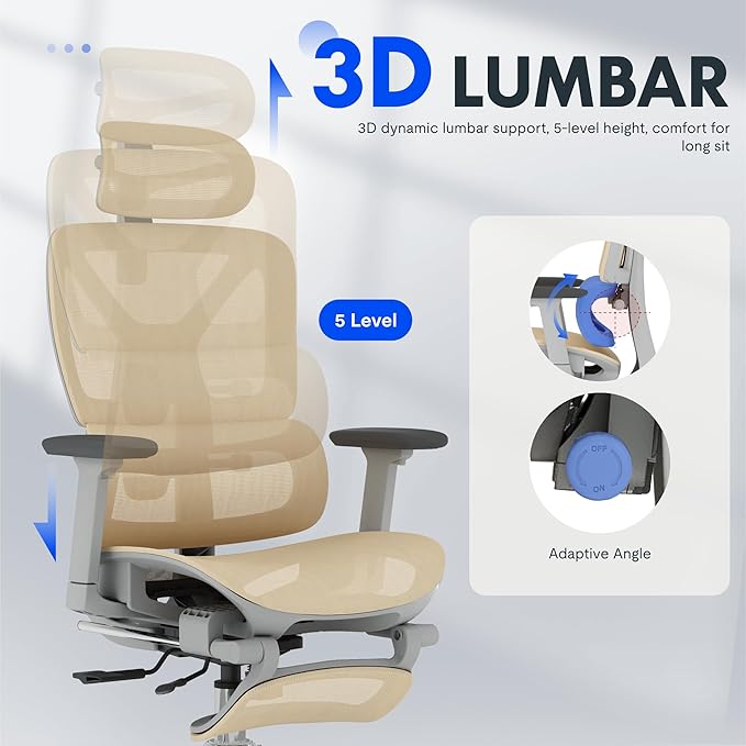 FLEXISPOT ErgoX Premium Ergonomic Office Chair with Footrest- Adjustable 3D Armrests, Dynamic Lumbar Support, Recline & Tilt Function, Mesh Seat, for Home & Office Use,Cream