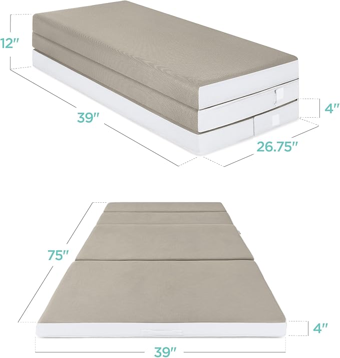 Best Choice Products 4in Portable Twin-Size Mattress, Tri-Fold Mattress for Camping, Guest, Toddler, Foam Plush w/Carry Case - Taupe