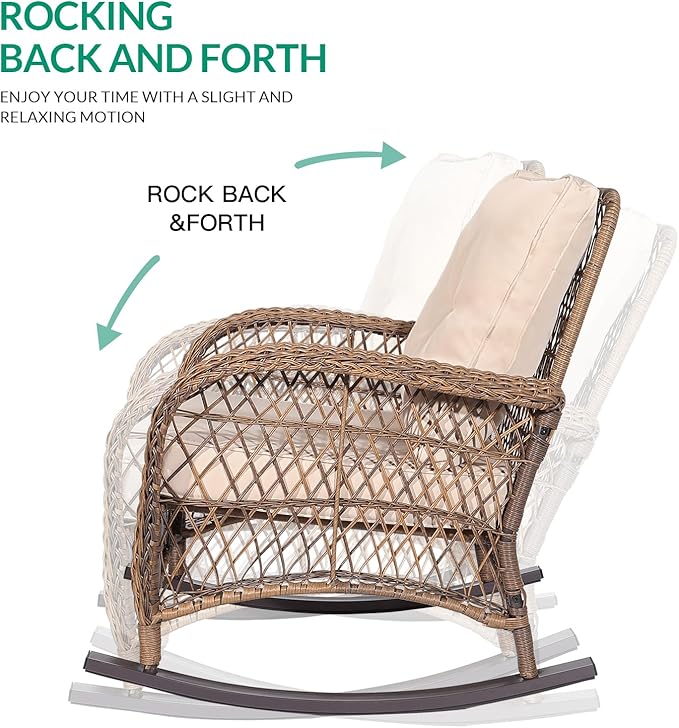 VIVIJASON 5-Piece Outdoor Patio Wicker Conversation Sets, All Weather Outdoor Rattan Furniture Set Includes Glider Loveseat, 2 Coffee Table, 2 Rocking Chairs with Cushions for Backyard, Light Brown