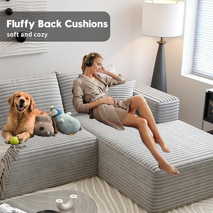 135.4" Cloud Sectional Couch with L-Shape Chaise,Modern Modular Sofa with Deep Seat, Upholstered Couches for Living Room Bedroom Apartments,No Assembly Required, (Grey,Right Facing Chaise)