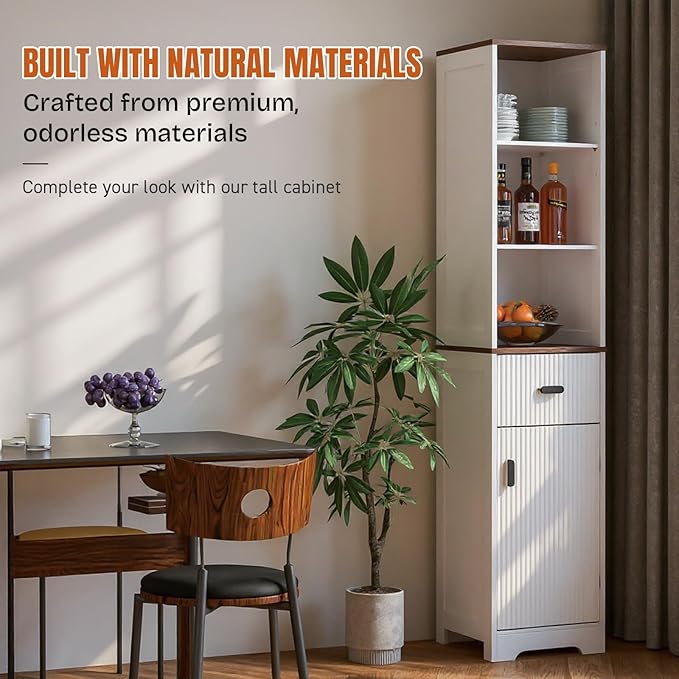 Tall Modern Bathroom Cabinet, 68.5" H Storage Cabinet with Fluted Wave Door, Drawer, Adjustable Shelves, Narrow Cabinet for Kitchen, Living Room, Entryway, White