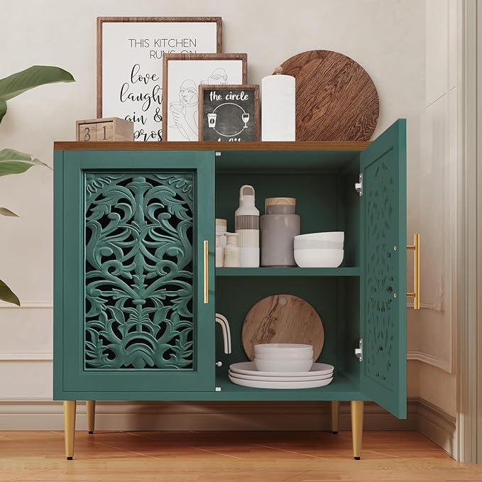 ARTPOWER Accent Cabinet with 2 Doors, Vintage Hollow Carving Buffet Cabinet, Sideboards and Buffets with Storage, Credenza for Living Room, Kitchen, Dining Room, Entryway, Hallway, Green