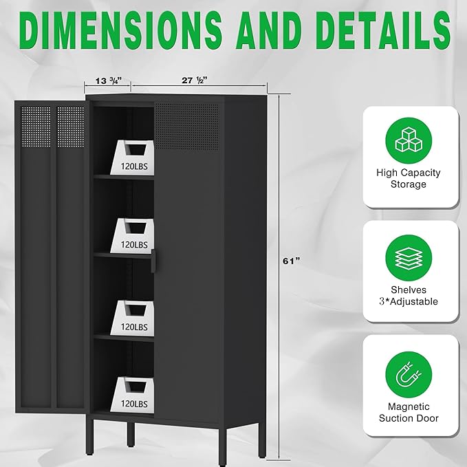 61 Inches Metal Storage Cabinet with Doors and Shelves, 4 Tier Kitchen Pantry Cabinet, Metal Cabinet for Home Office, Dinning Room, Laundry Room, Living Room, Bathroom and Utility Room (Black)