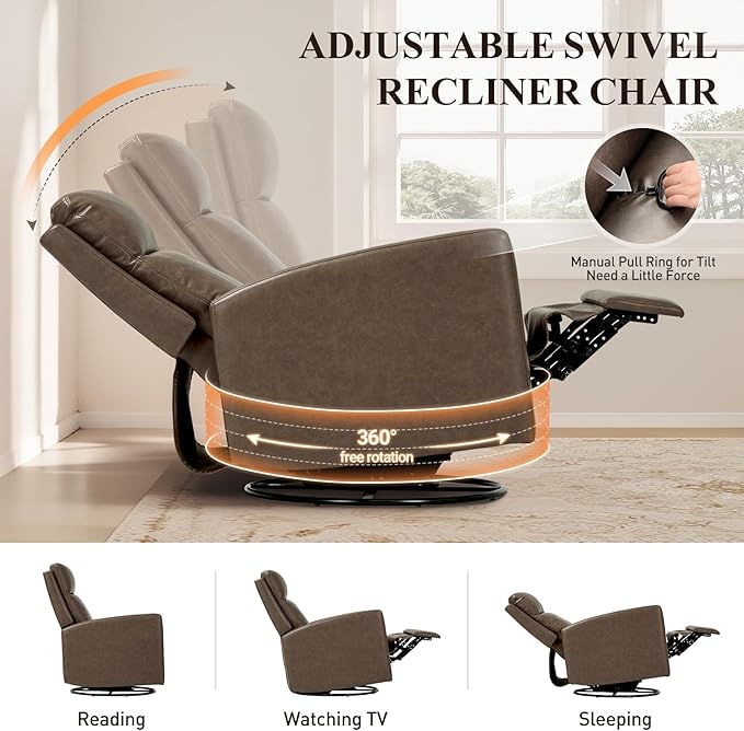 COLAMY Swivel Rocking Recliner,Wide PU Leather Glider Sofa Chair with Ergonomic High Backrest for Living Room, Office, Bedroom（Warm Gray）