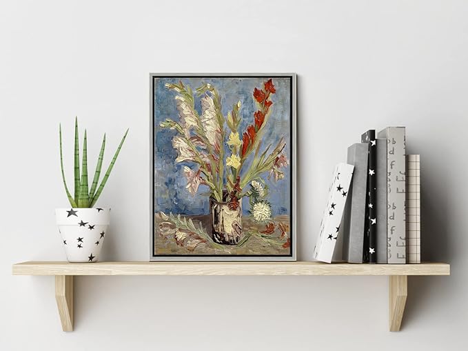 Wieco Art Framed Wall Art Vase with Gladioli and China Asters by Van Gogh Modern Floral Canvas Prints Artwork Abstract Flowers Pictures on Canvas for Living Room Home Decorations