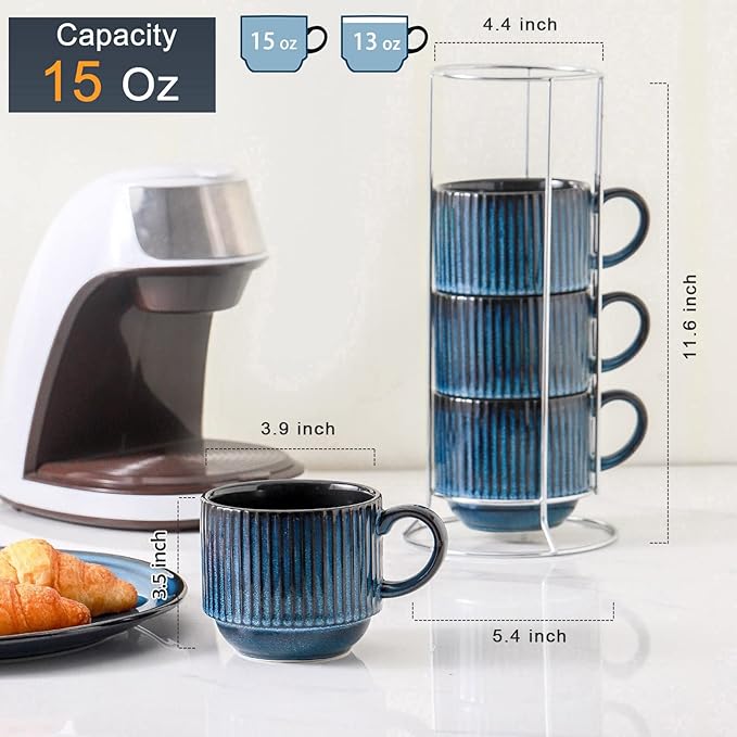 HASENSE Large Coffee Mug Set of 4 with Holder - 15 Oz Stackable Ceramic Ribbed Latte Cup Set for Cappuccino, Tea, Hot Cocoa, Drinks - Dishwasher & Microwave Safe, Navy
