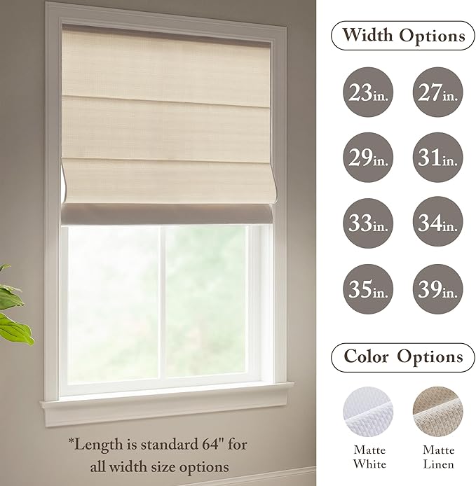 Madison Park Galen Matte Linen Cordless Roman Shades - Fabric Privacy Single Panel Darkening, Energy Efficient, Thermal Insulated Window Blind Treatment, for Home, Living Room Decor, 23" W x 64" H