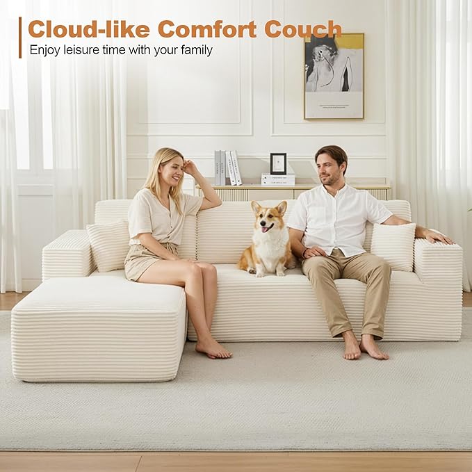 106" Cloud Modular Sectional Sofa Couch with L-Shape Chaise,Modern Boneless Sectional Couch with Deep Seat,Upholstered Couches for Living Room Bedroom,No Assembly Required,Beige