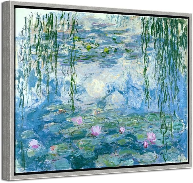 Wieco Art Framed Wall Art Canvas Print of Water Lilies by Claude Monet Paintings Reproduction Modern Canvas Wall Art for Home and office Decoration Abstract Artwork Silver Frame