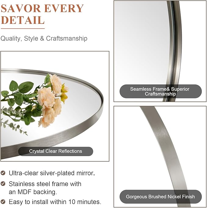 ANDY STAR Arched Mirror, 22" x 35" Brushed Nickle Bathroom Mirror in Stainless Steel Metal Frame, Arch Top Rounded Corner 1" Deep Set Design Wall Mount Hangs Vertical