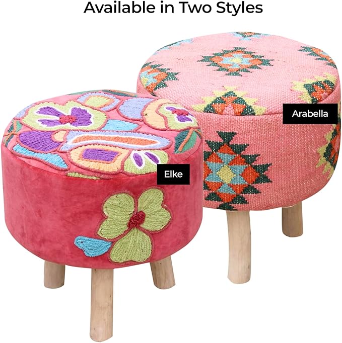 Arabella Pink Kilim Pouf Ottoman – 16" Round Handwoven upholstered Foot Stool with Washable Cover – Accent Knockdown Stool for Bedroom, Living Room, cottagecore, Boho & Farmhouse Decor