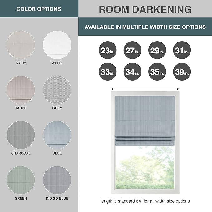 Madison Park Galen Cordless Roman Shade, 31"W x 64"H, Sheen Blue – Room Darkening, Thermal Insulated, Energy Efficient Window Blind with Subtle Sheen Basketweave Fabric for Privacy
