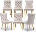 Velvet Upholstered Dining Chairs Set of 6, Modern Style Kitchen Side Chairs with Nailhead Trim and Gold Plated Leg, Metal Pulling Ring for Dining Room Living Room(Beige-Gold Plated Leg)