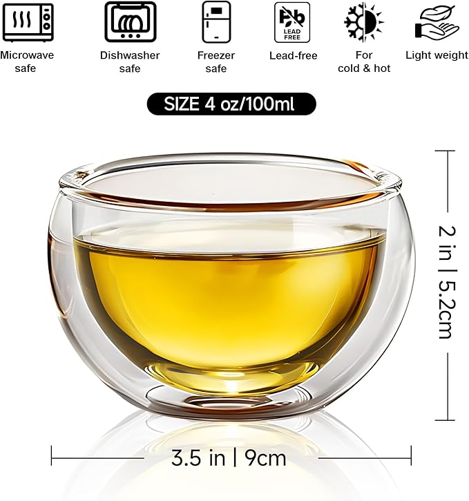 Set of 4 Teacups - Double Walled Insulated Glasses - (4oz / 120ml) Heatproof Borosilicate Tea Cup, Mini Espresso Cups Gift Box