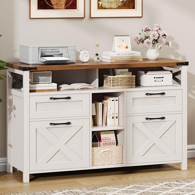 Filing Organization Storage Cabinets 4 Drawer with Adjustable Shelf, Lateral Filing Cabinet with Open Storage Shelf for Home Office, Farmhouse File Cabinets for Hanging Files Letter/A4.White