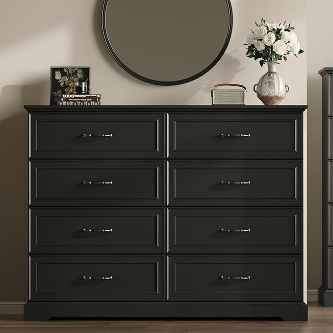 Farmhouse 8 Drawers Dresser for Bedroom, 54" Wide Modern Chest of Drawers with Deep Drawers & Bar Handles, Rustic Wood Dresser TV Stand, Wooden Closet Storage Organizer for Living Room, Hallway, Black