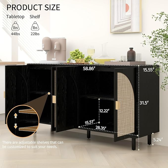 Black 4-Door Rattan Buffet Cabinet-Sideboard Buffet Cabinet with Storage, Accent Sideboard Cabinets-Wood Credenza with Cane Door, Boho Style Console Table for Dining Room & Living Room