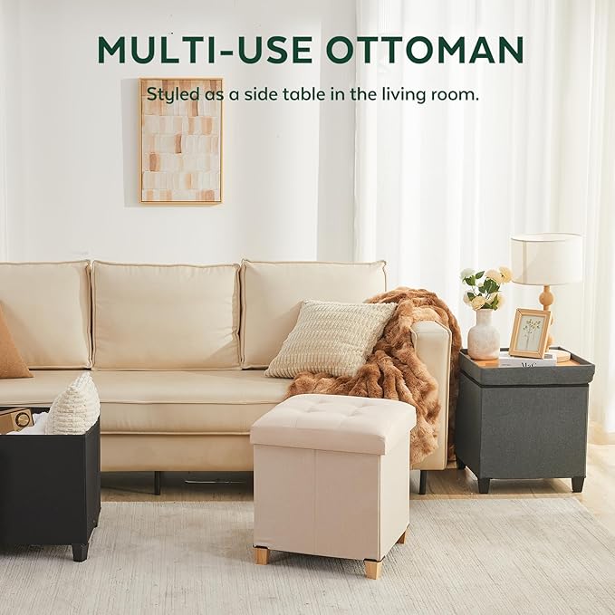 17.7" Ottoman with Storage, Square Storage Ottoman for Dorm, Linen Ottomans with Legs for Living Room, Bedroom, Gray