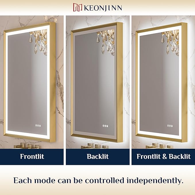 Keonjinn Gold LED Bathroom Mirror 40 x 24 Inch with Frontlit & Backlit, Lighted Mirrors Metal Framed for Wall, Stepless 3 Colors Lights, Anti Fog, Tempered Glass, Brighter and No Dark Corner