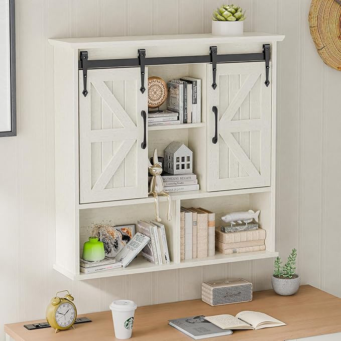 Vabches Bathroom Wall Cabinet, Farmhouse Medicine Cabinet with Double Sliding Barn Door and Adjustable Shelves, Wooden Vintage Storage Cabinet Wall Mounted for Bathroom, Kitchen Dining, White