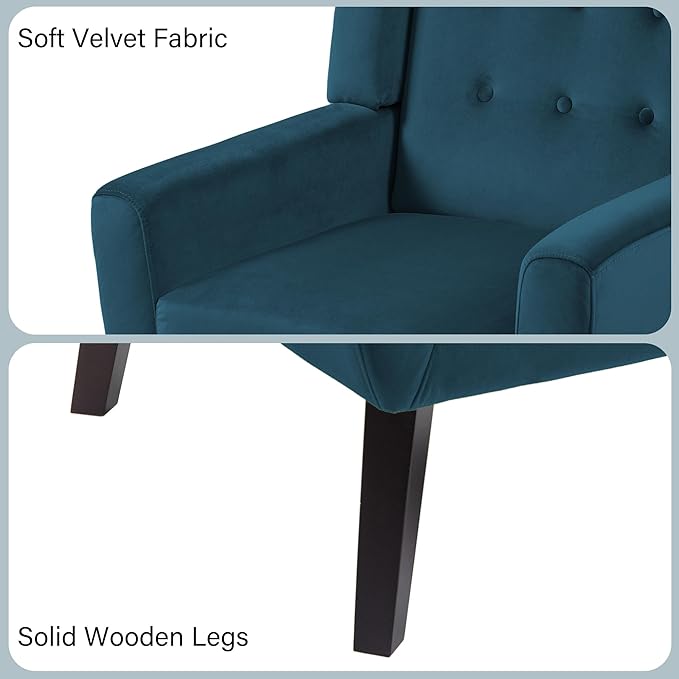 Accent Chair, Mid-Century Modern Velvet Fabric Chairs with Arms for Living Room, Comfy Upholstered Club Single Sofa Armchair for Bedroom Waiting Room with Solid Wood Frame (Velvet Blue, Set of 2)