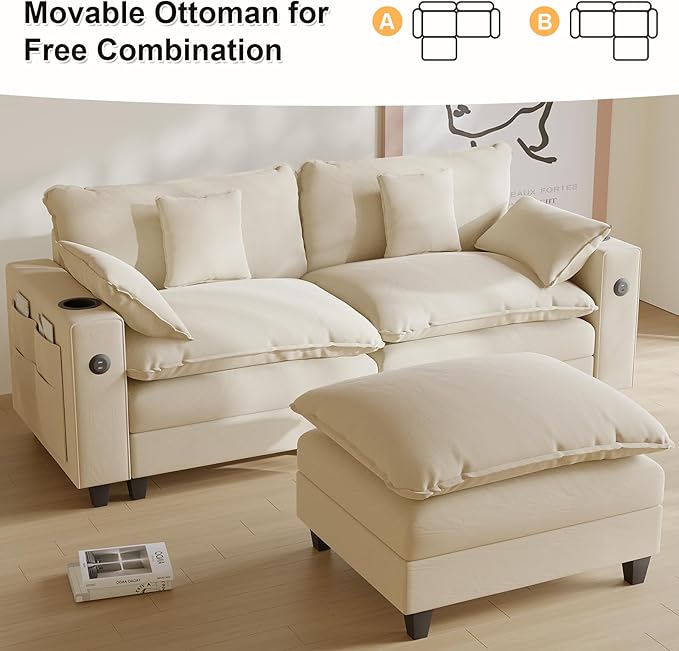 Cloud Couch, Modular Sectional Sofa with Ottoman, Charging Station, Throw Pillows, Cup Holders, Modern Convertible L Shaped Couches for Living Room, Bedroom (White, 80.7"- L Shape)