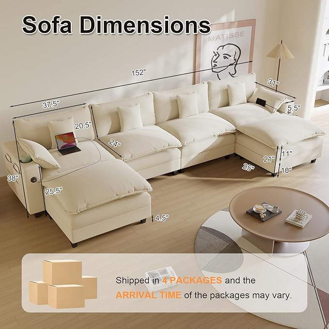 Cloud Couch, Modular Sectional Sofa with Ottoman, Charging Station, Throw Pillows, Cup Holders, Modern Convertible L Shaped Couches for Living Room, Bedroom (White, 152"- U Shape)