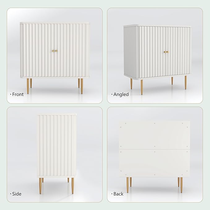 HLR Sideboard Buffet Cabinet with Fluted Texture, White Accent Cabinet with 2 Doors, Modern Credenza Storage for Kitchen Living Room, Entryway (White, 2Piece)