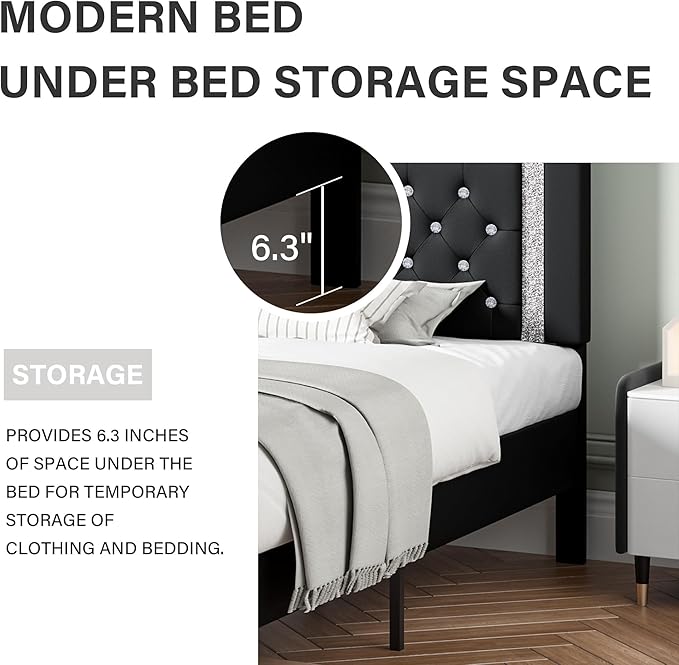 BarnFurin Twin Bed Frame with Headboard, Upholstered Bed with Diamond Tufted Design, Kids Bed Frame with Wooden Slats Support, No Box Spring Required, Easy Assembly, Black