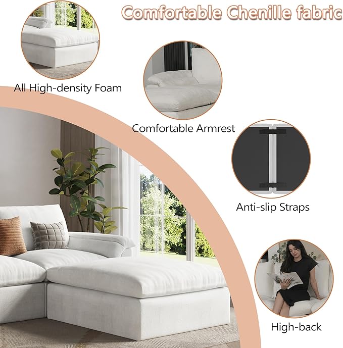 EASE MOOSE Oversized Sectional Cloud Couch-8-Seat, Corner V-Shaped Deep-Seat Modular Boneless Sofa, No-Assembly Chenille Sofa for Living Room, White